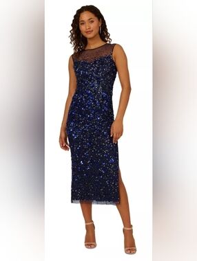Adrianna Papell Beaded Sequin Embellishment Midi Dress NWT Size 18 Navy Blue